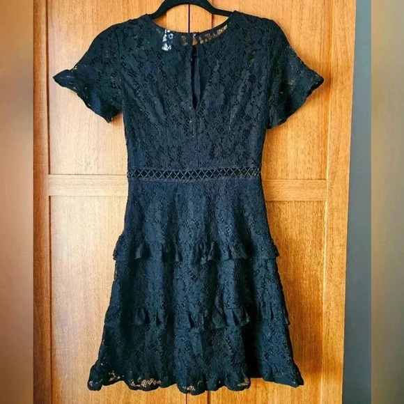 H&M Black Lace Cocktail Tier Ruffle Dress Sz 2 Small - Picture 2 of 6